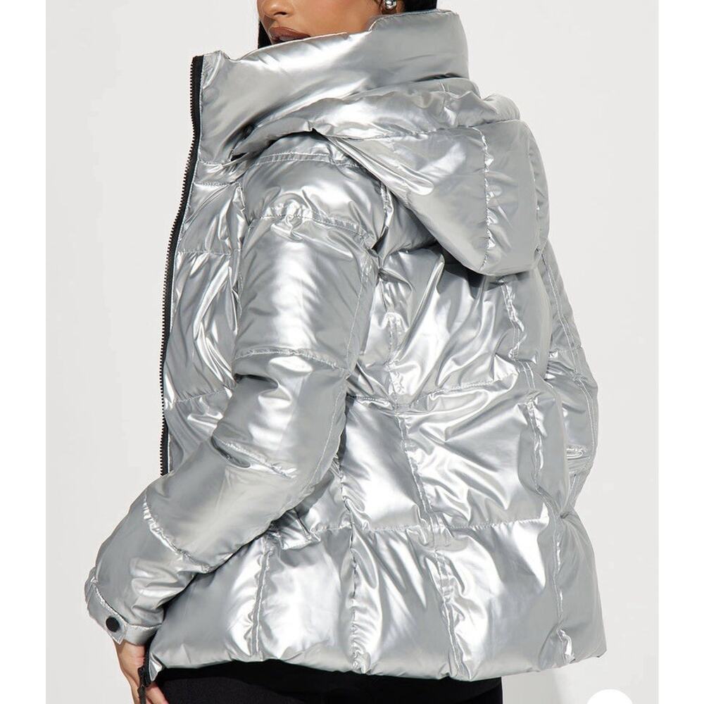 Climate Concepts I Need Space Metallic Full Zip Puffer Coat Silver